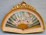 Framed Stick Fan, Lithograph of Children at Play; Peacocks, Ornate Modern Frame