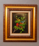 2 Framed Painted Bird Pictures - One Oil on Board of Three Birds - Oriental is Paint on Silk