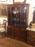 Drexel Breakfront Walnut China Cabinet with Serpentine Drawers