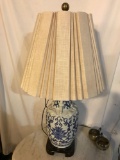 Pair of Pottery Lamps in the Blue & White Oriental Style, Wood Base, Pleated Linen Shades, 33