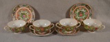 Coin Medallion Chinese Porcelain, Set of 4 Two-Handled Bowls w/ Saucers, Bowls 4