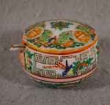 Coin Medallion Chinese Porcelain, 3 Piece Mustard Pot Incl: Spoon, 2 1/4