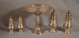 5 Sterling Silver Pieces, 1 Footed Tazza Dish & 2 Pair of Shakers