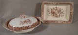 2 pieces of Brown & White Transferware, One w/ Lid. Larger is Lidded @ 11
