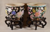 Pair of Chinese Fish Bowls on Wood Stands. Modern. 16 1/2
