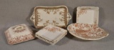 7 Pieces Brown & White Transferware - Incl: Oval w/ Single Handle Dish, Rectangle Dish, Square Lid