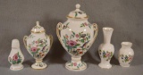 5 Aynsley Pieces, Incl: Shaker, 2 Small Vases, 2 Covered Urns, Largest is 8 1/2