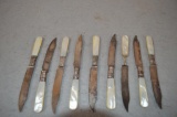 Set of 8 Fruit Knives w/ Steel Blades, Silver Collars, and Mother of Pearl Handles
