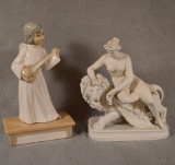 2 Ceramic Figurines - Una on the Lion, Bisque & Tengra, Spain Angel w/ Lute