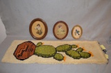 Latch Hook Wall Hanging & 3 Framed Needlepoint Pctures