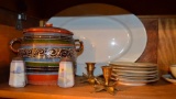 (8)Assorted Ceramic Items & Pair of Brass Candle Holders