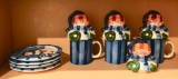 Set of Covered Snowman Mugs & Snack Plates, 3 Covered Mugs & 4 Plates, Unmarked, Modern