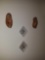 (2) Diamond shape ceramic floral design hanging art and pair of wooden clogs