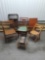 (4) assorted wooden fold up chairs (1) wooden stool (1) tv tray