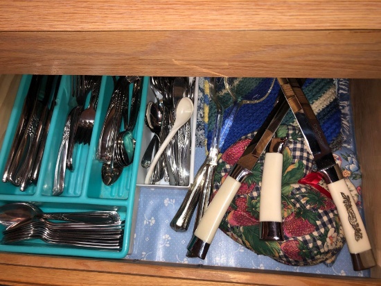 Drawer of Flatware and Carving Set