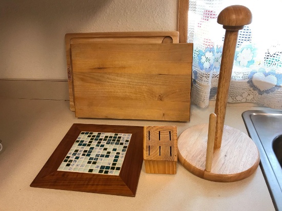 (1) Trivet, (2) Wooden Cutting Boards, (1) Wooden Knife Block & (1) Wooden Paper Towel Holder