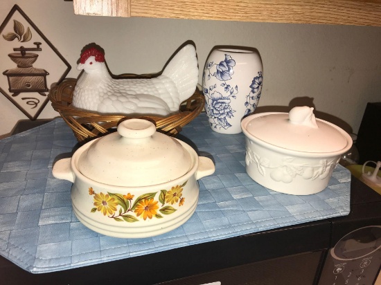 (2) Covered Bowls, Small Vase, Chicken Cover Without Base, & (1) Basket