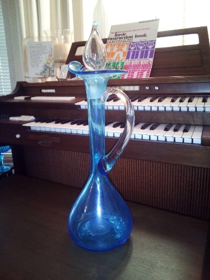 17" Blue Glass Decorative Ewer w/ Clear Glass Handle & Clear Glass Stopper