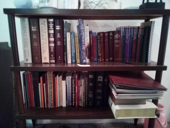 (2) Shelves of Books Including Partial Hall of Faith Series, Bibles, Bible Study Books, and Hymnals