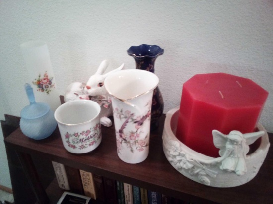 Assorted Ceramic Items & Large Red Candle