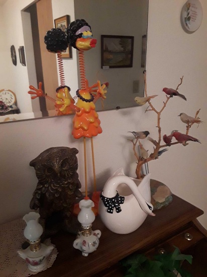 (2) Miniature Floral Oil Lamps (1) Swan Bowl (1) Handmade Birds in Tree Display (1) Ceramic Owl (1)