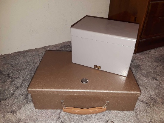 (1) lock box without key and (1) tin box