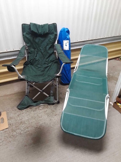 (2) camping chairs (1) lawn chair (1) ice chest
