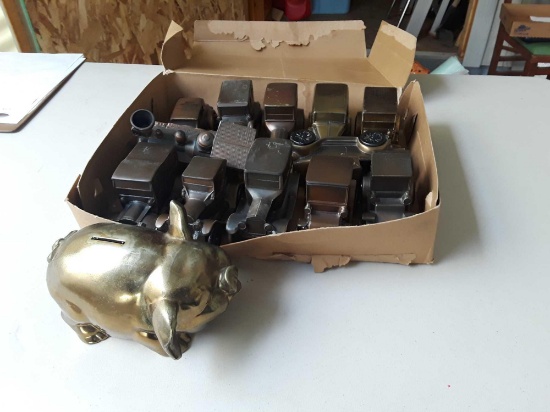 (12) metal car coin banks (1) metal pig coin bank