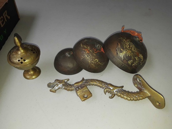 (1) oriental hanging chime (4) western bells (1) indian style incense burner
