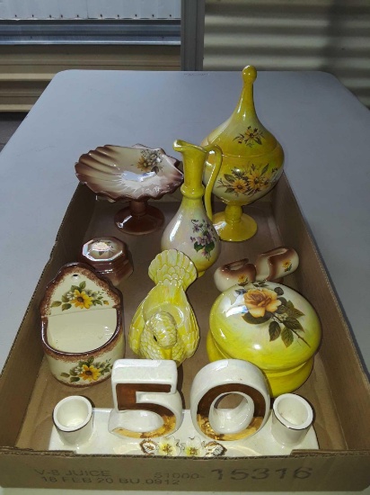 (8) floral print porcelain items (1) porcelain 50th birthday candle holder