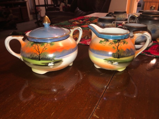 Noritake Handpainted Covered Sugar Dish & Creamer