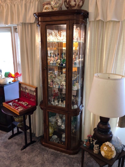 Walnut & Beveled Curved Glass Mirrored Back Illuminated China Cabinet