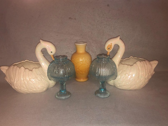 Pair of Decorative Swan Flower Holders, Pair Of Fairy Lamps, & Decorative Vase