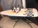 Ironing Board w/ Cat Design & (2) Electric Irons.