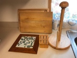 (1) Trivet, (2) Wooden Cutting Boards, (1) Wooden Knife Block & (1) Wooden Paper Towel Holder