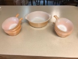 (1) Pearlescent Orange Fire King Baking Dish (6) Handled Soup Bowls