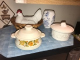 (2) Covered Bowls, Small Vase, Chicken Cover Without Base, & (1) Basket