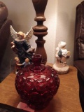 Cherry Red Glass Candy Dish & (2) Figurines