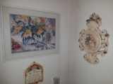 Framed Floral Print, Porcelain Children Scene, & Wood 