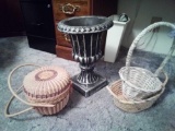 (3) Wicker Baskets & (1) Ceramic Plant Holder