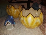 (2) Yellow Pearlescent Bowls & Ceramic Hand Painted Bird House