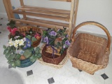 (5) wicker baskets (1) ceramic flower pot and fake flowers