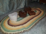 (3) wooden jewlery boxes and (1) floral print heart shaped jerwlery box and (1) macrame rug