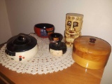 (5) wooden bowls and ceramic tiki man