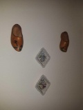 (2) Diamond shape ceramic floral design hanging art and pair of wooden clogs