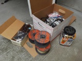 Assorted electronic cables, bungie cords, (3) spools of wire, cordless panasonic house phone