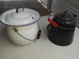 (1) camping tea kettle (1) stew pot (1) big ceramic mug
