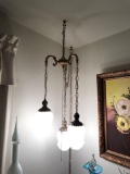 Triple Fixture Brass and Crackle Glass Chandelier