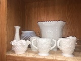 (6) Assorted Milk Glass Dishes & Pearlecent Hobnail Pitcher