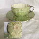 Willets Belleek Green Colored Cup & Saucer (cup unmarked)